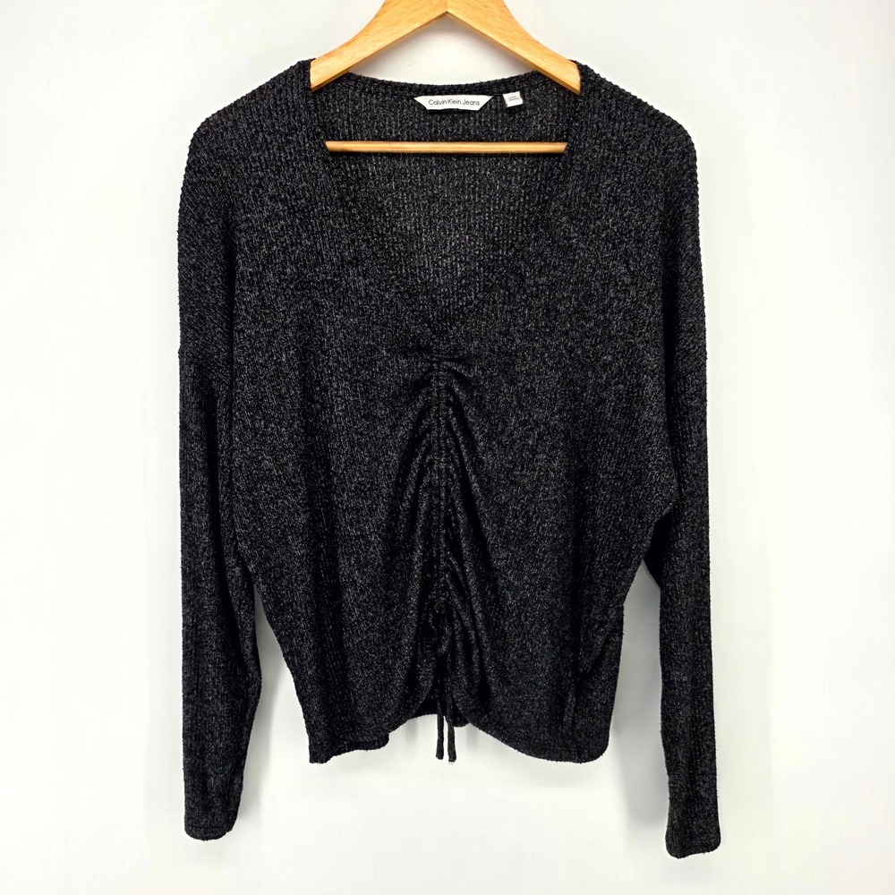 Calvin Klein Jeans Sweater Womens Small Black Ruched Front V-Neck Ribbed Knit